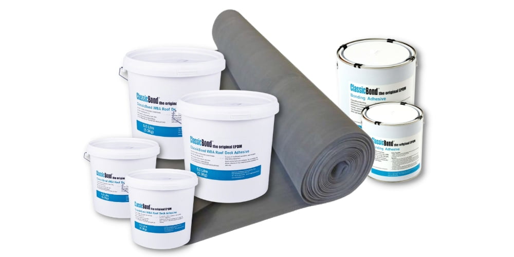 Generic rubber roofing materials image showing both water based and contact adhesives with epdm membrane